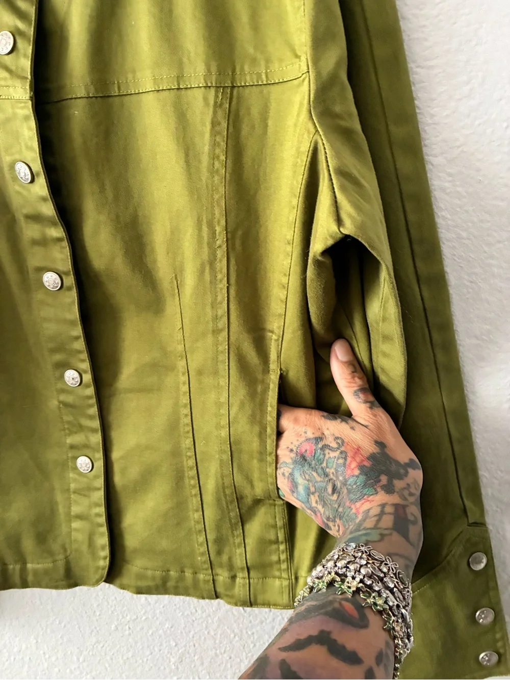 90s Olive Green Button-Front Military Jean Jacket Cotton Spandex Blend XL